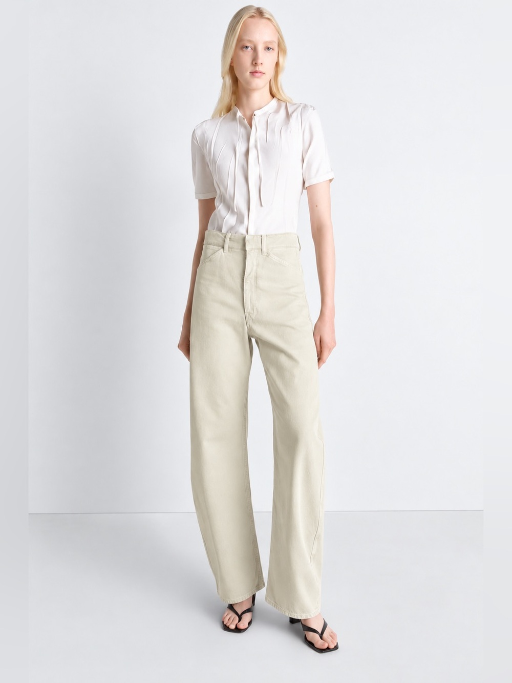 Lemaire High Waisted Curved Pants Cotton Wide Leg Pants in Cream Size 42